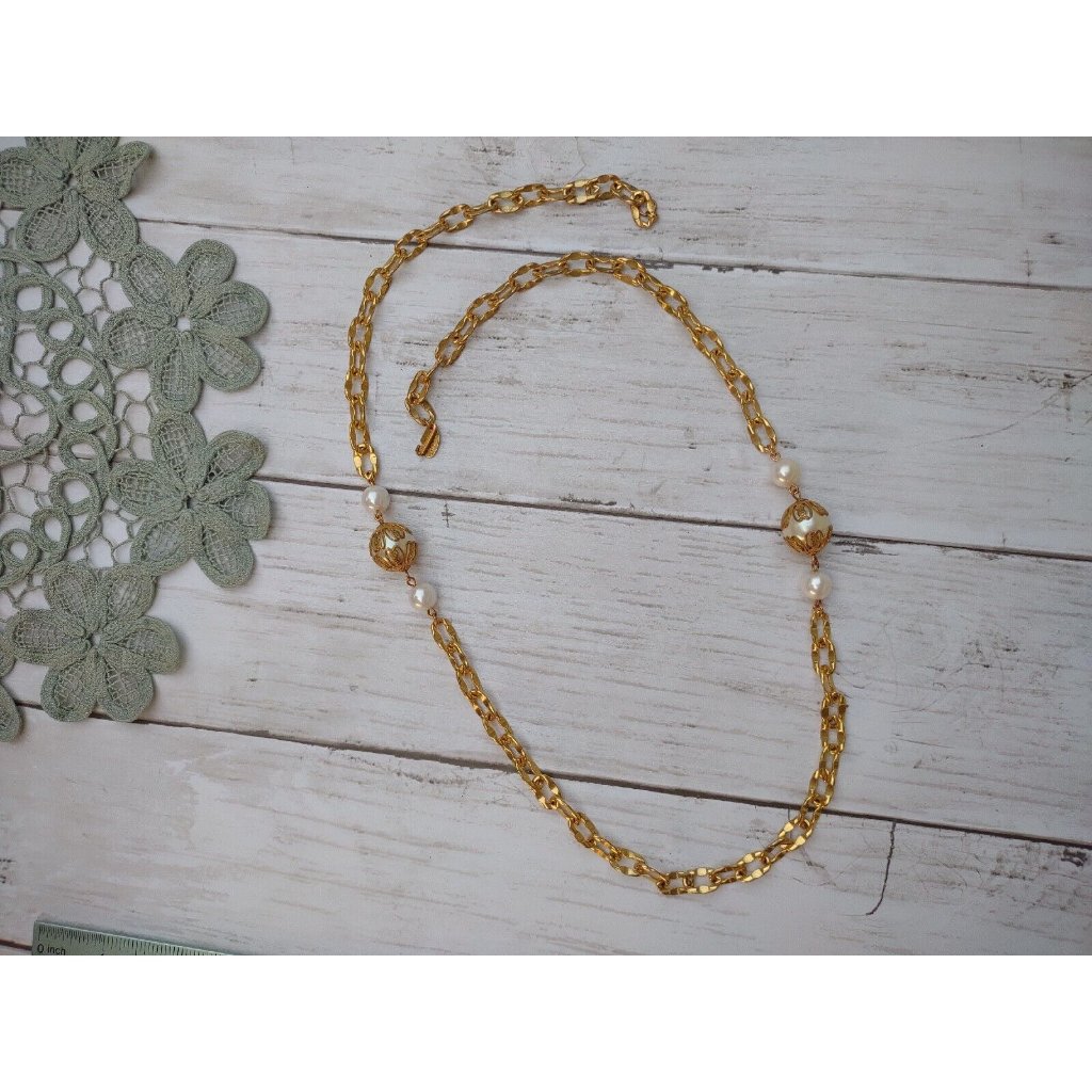 Vintage Miriam Haskell Signed 30 Long Faux Pearl Chain Link Gold Tone Necklace 160$